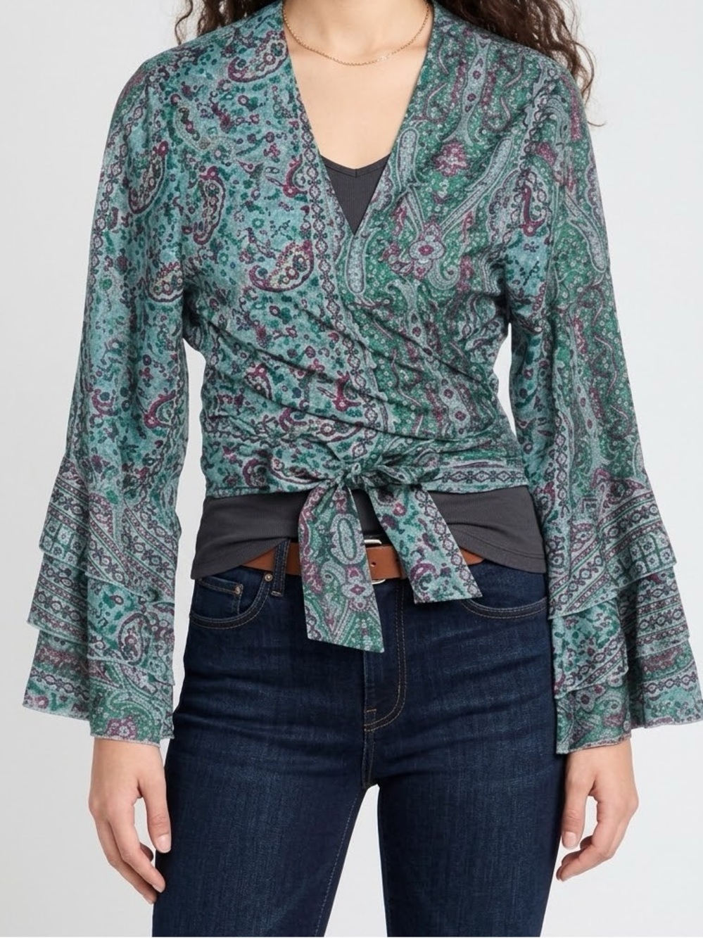 Teal Italian Made Multi Print Bell Sleeve Wrap Top//ANGELA MELE MILANO  -One Siz